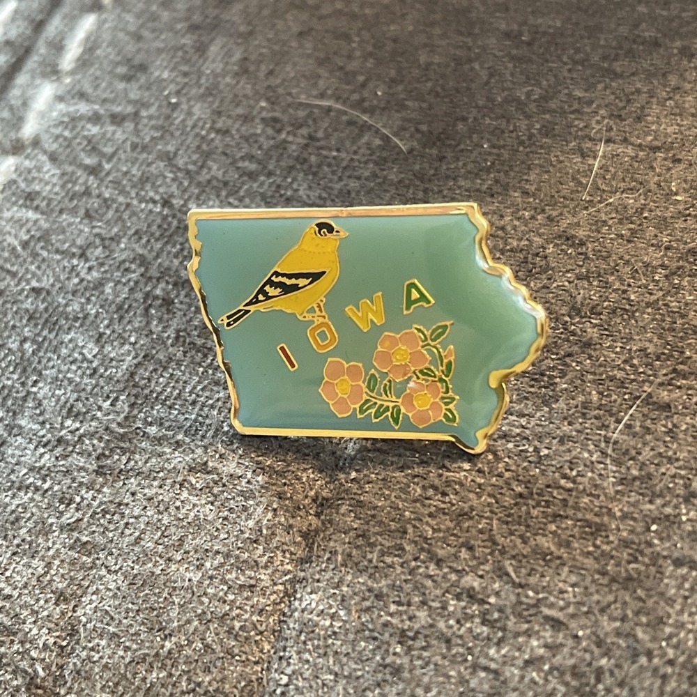 Vintage Iowa Enamel Lapel Hat Pin State Bird Eastern Goldfinch Flower Wild Rose